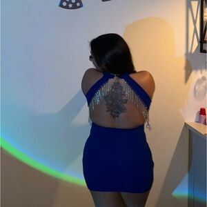 Blue backless body on dress with jewel tassels on the back